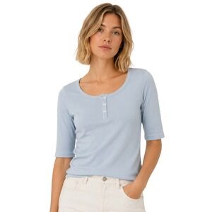 Peruvian Connection Top Womens Small Light Blue Pima Cotton Henley Elbow Sleeve